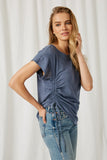 HJ1092 Blue Womens Side Drawstring Dolman Sleeve Top Side