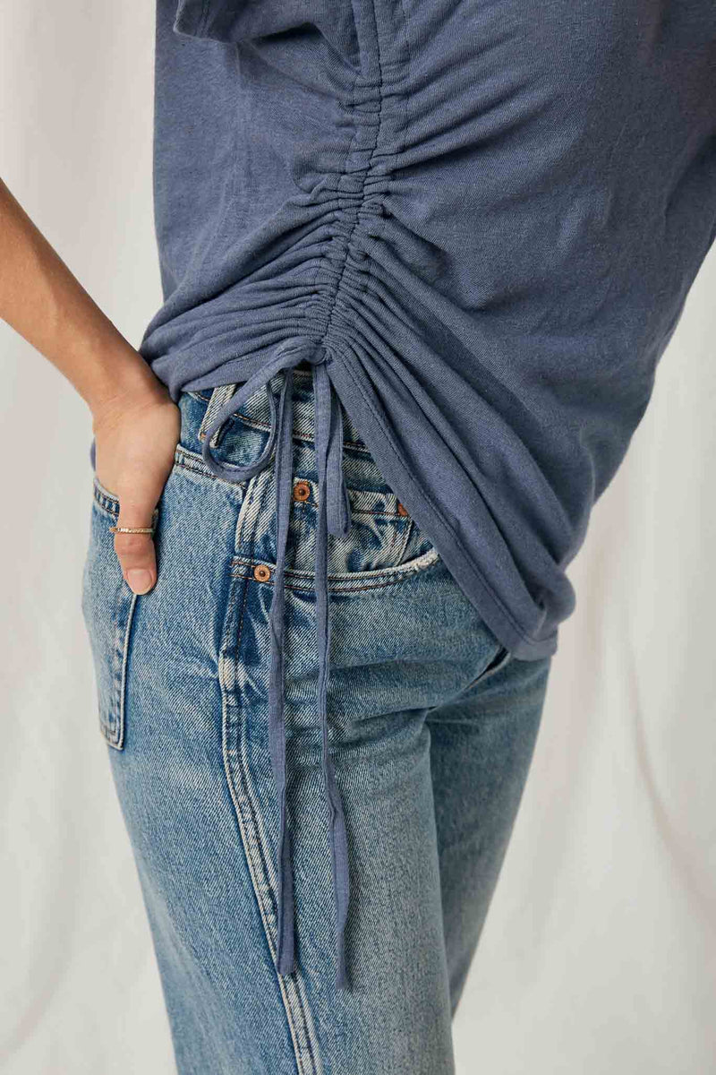 HJ1092 Blue Womens Side Drawstring Dolman Sleeve Top Close Up