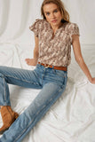 HJ1149 Brown Womens Snakeskin V-Neck Blouse Pose