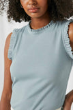 HJ1159 Blue Womens Ruffle Detail Ribbed Knit Tank Detail