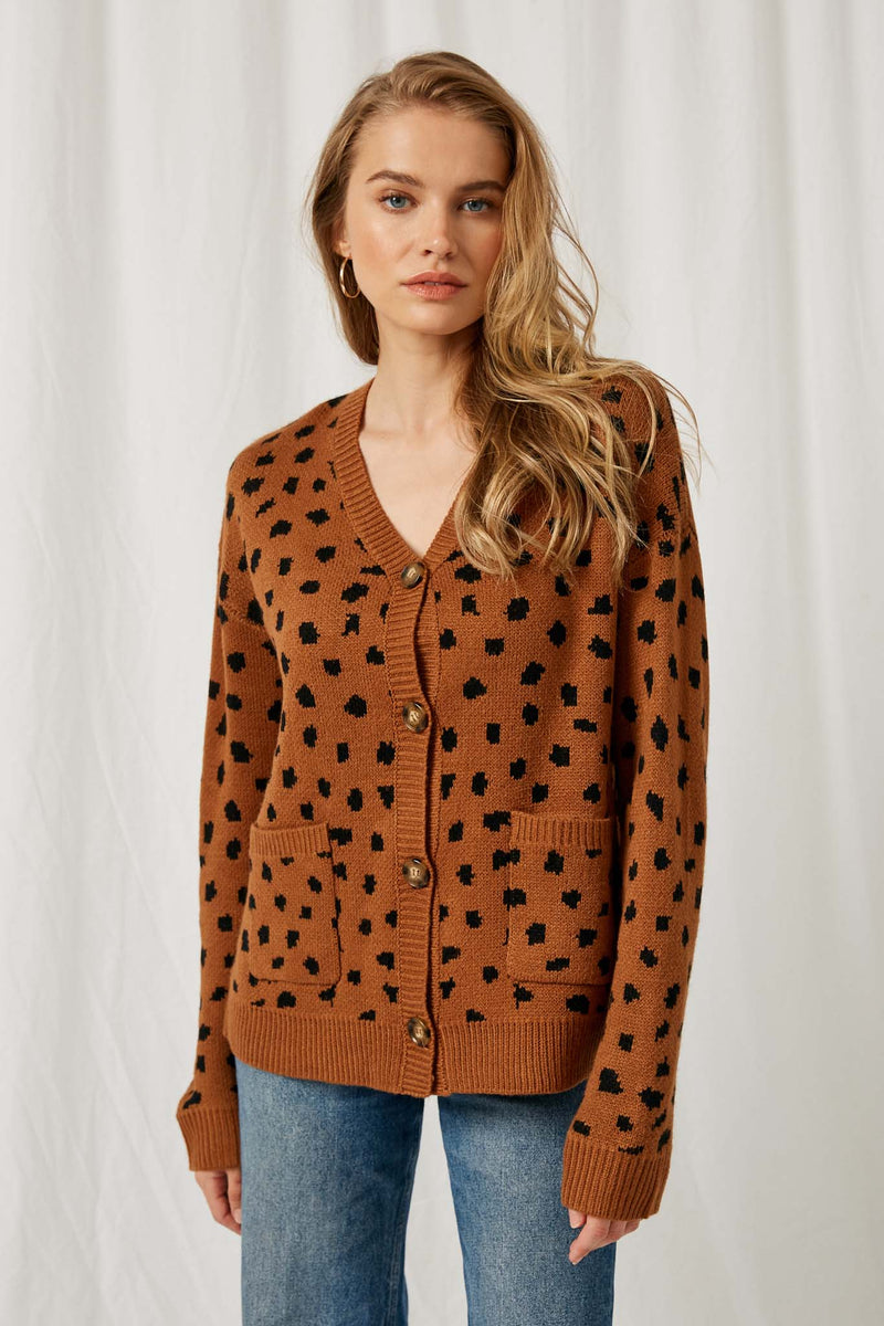 HJ1186 Camel Womens Animal Print Buttoned Sweater Cardigan Back