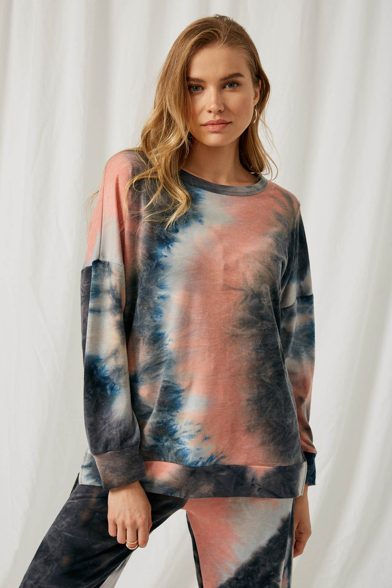 HJ1190 Charcoal Womens Tie Die Drop Shoulder Sweatshirt Front