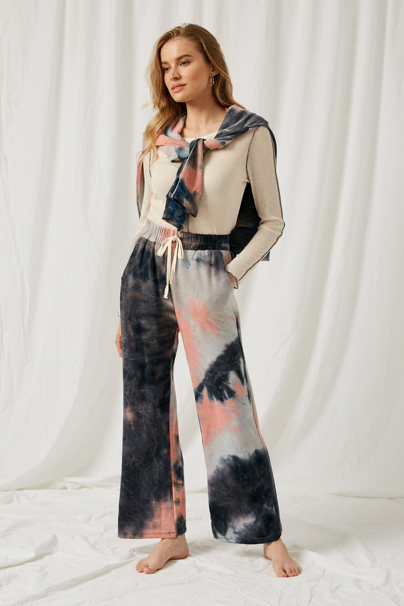 HJ1191 Charcoal Womens Tie Die Wide Leg Knit Pants Full Body