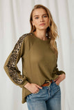 HJ1229 Olive Womens Leopard Knit Top Alternate Front