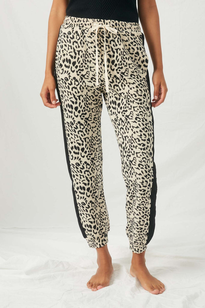 HJ1249 Womens Leopard Contrast Joggers Front
