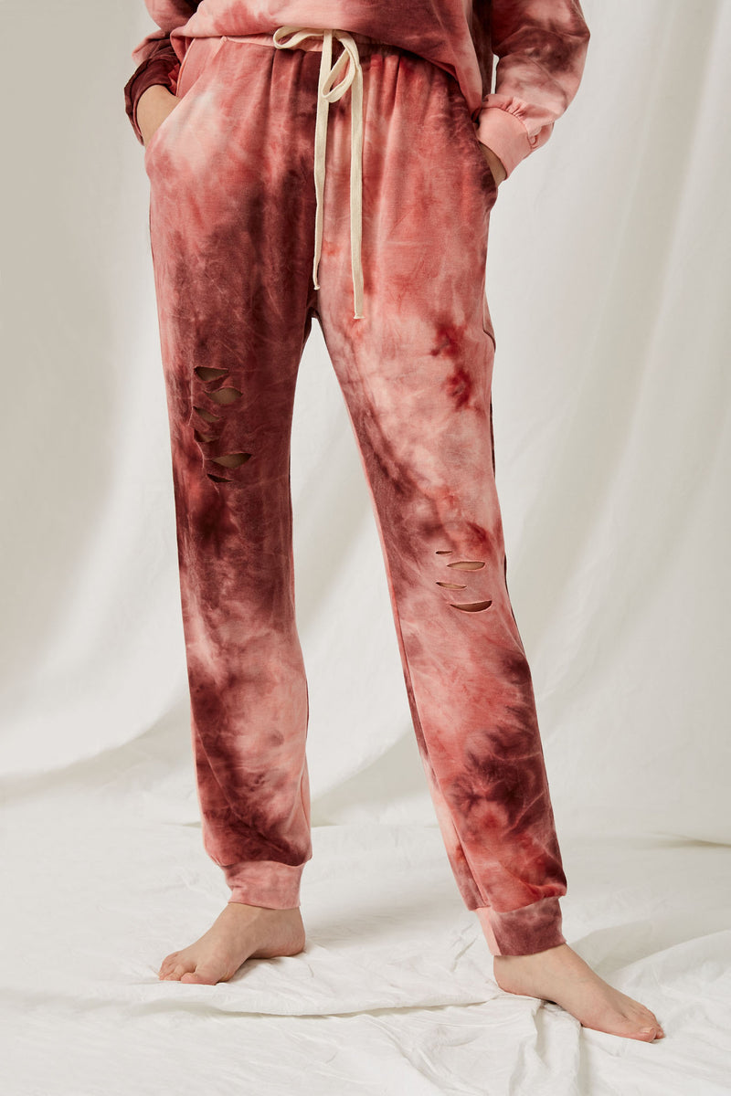 HJ1263 Mauve Womens Distressed Tie-Dye Jogger Front