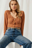 HJ2172 Rust Womens Button Down Sweetheart Ruffle Top pose