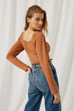 HJ2172 Rust Womens Button Down Sweetheart Ruffle Top Back