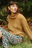 HJ1314 Mustard Womens Velvet Yarn Knit Turtle Neck Sweater Editorial