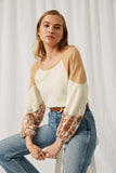 HJ1319 Ivory Womens Contrast Woven Sleeve Top Pose