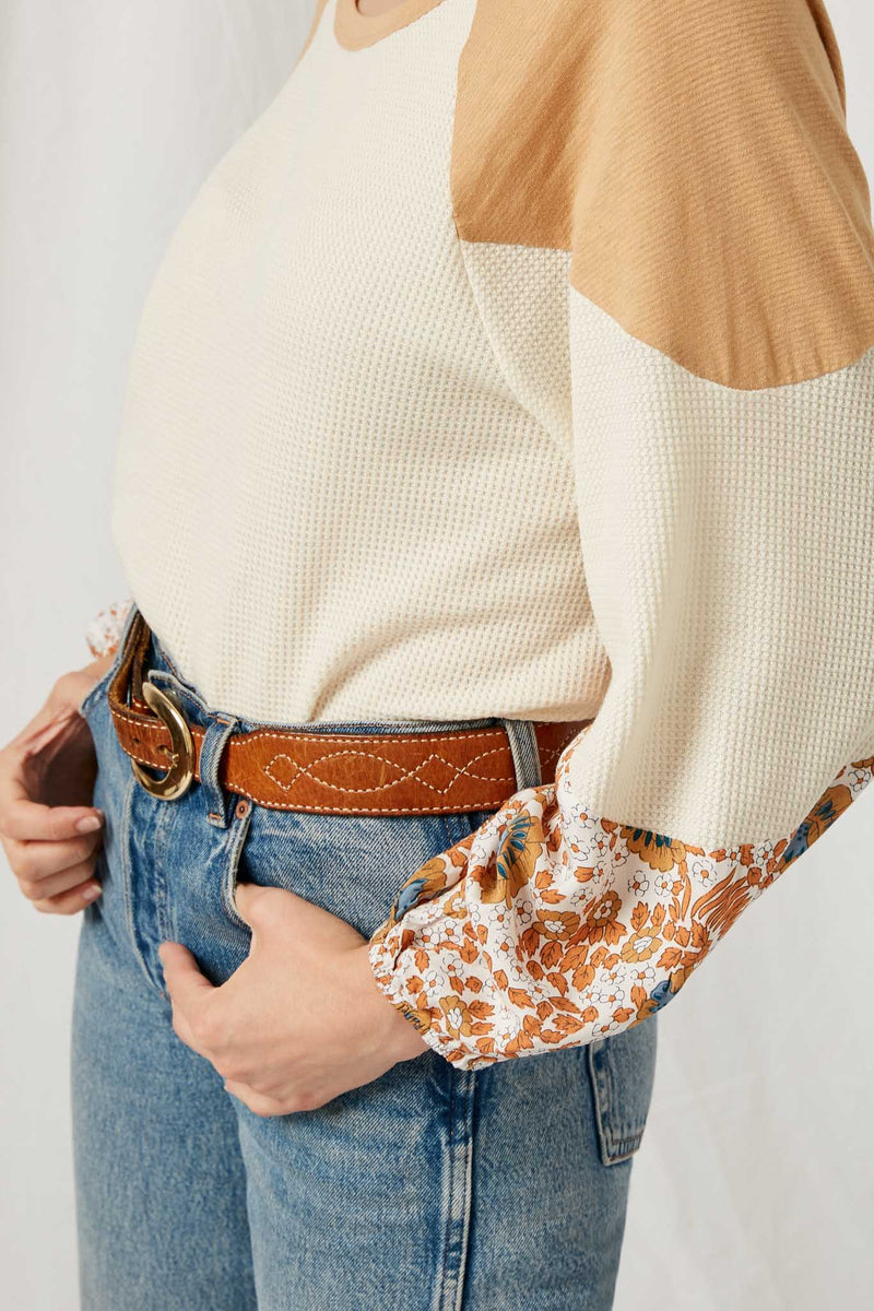 HJ1319 Ivory S Ivory Womens Contrast Woven Sleeve Top Detail