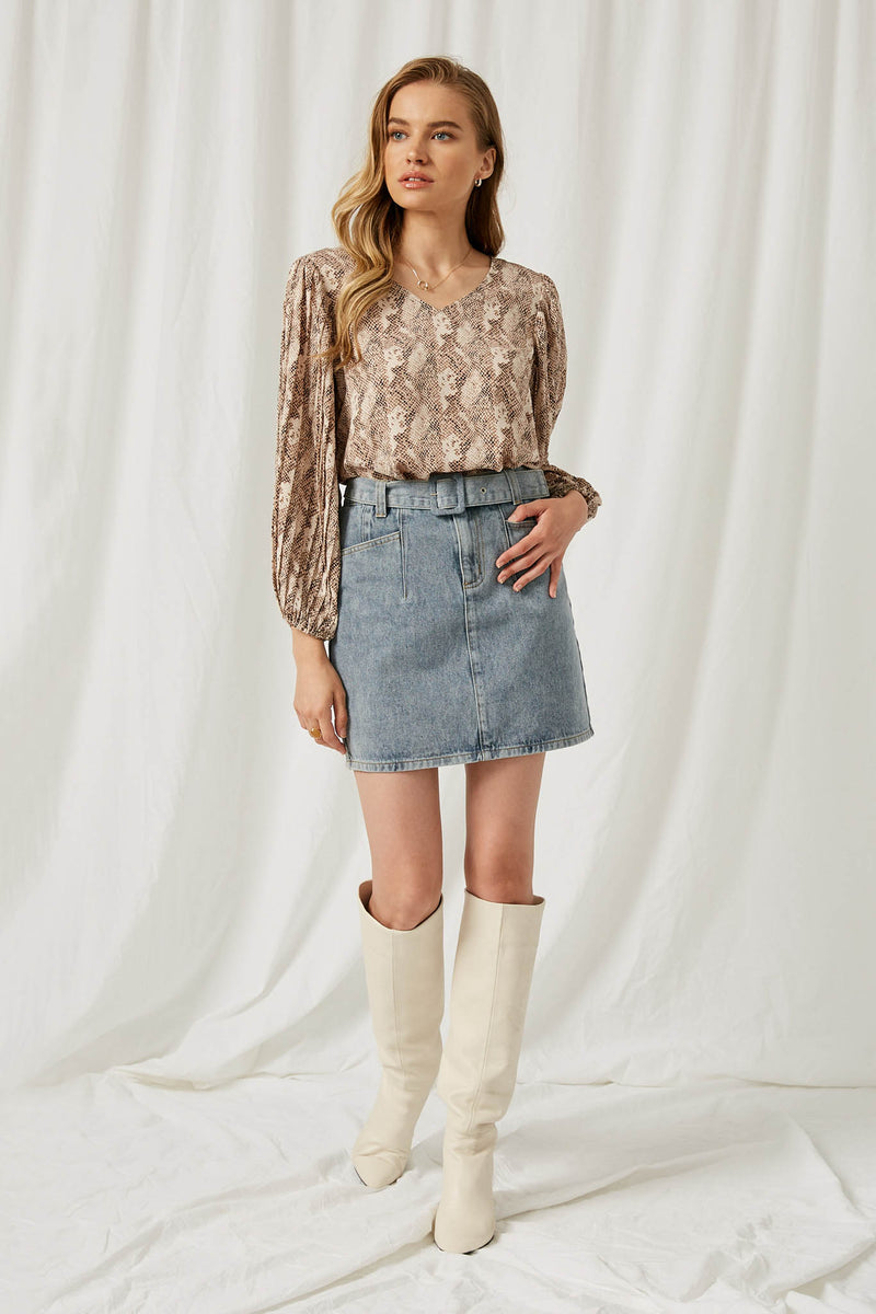 HJ1325 Brown Womens Pleated Sleeve Snake Print Top Full Body