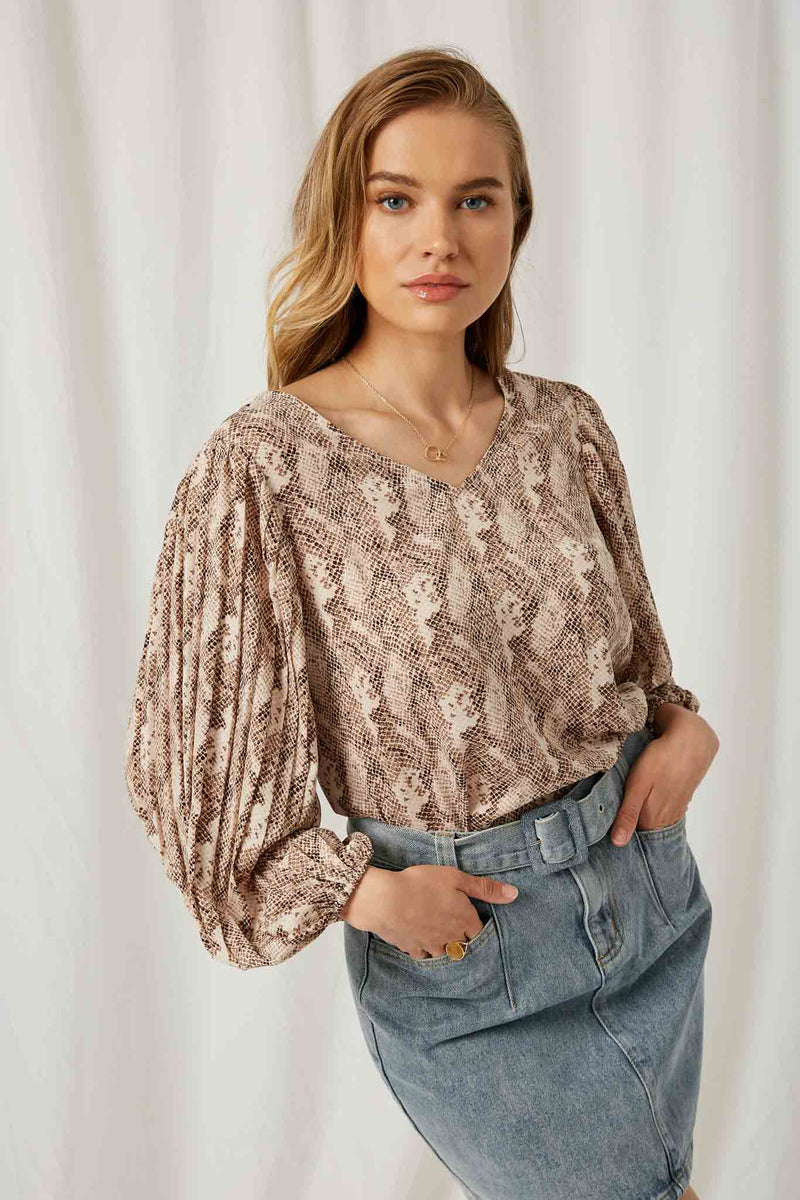 HJ1325 Brown S Brown Womens Pleated Sleeve Snake Print Top Front