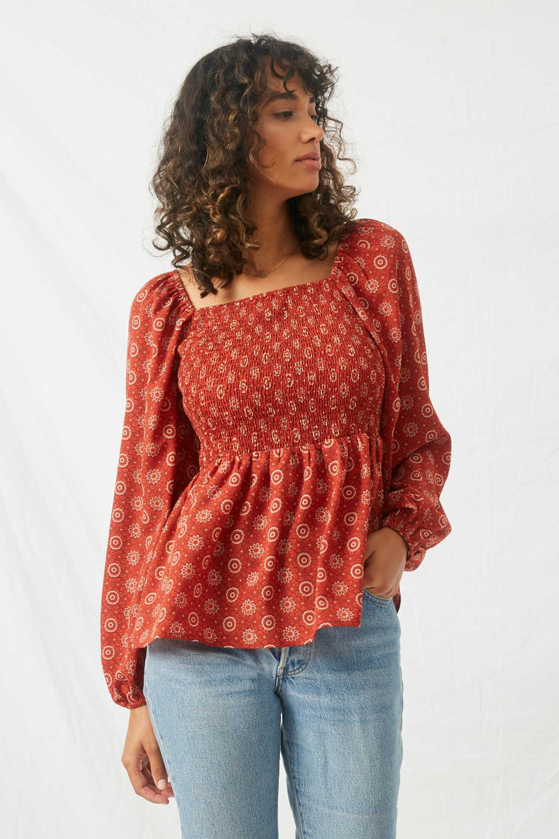 HJ1327 Rust Womens Puff Sleeve Smocked Peplum Top Front