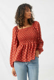 HJ1327 Rust Womens Puff Sleeve Smocked Peplum Top Front