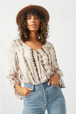 HJ3042 Brown Womens Tie Dye Surplice Top Front