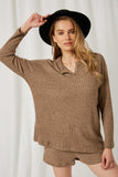 HJ3048 Mocha Womens V-Cut Ribbed Knit Top Front