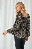 HJ3124 Black Womens Square Neck Smocked Long Sleeve Top Back