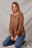 HJ3142 Brown Womens Ditsy Print Long Sleeve Babydoll Top Pose