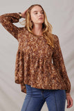HJ3142 Brown Womens Ditsy Print Long Sleeve Babydoll Top Front