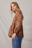 HJ3142 Brown Womens Ditsy Print Long Sleeve Babydoll Top Side