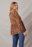 HJ3142 Brown Womens Ditsy Print Long Sleeve Babydoll Top Back