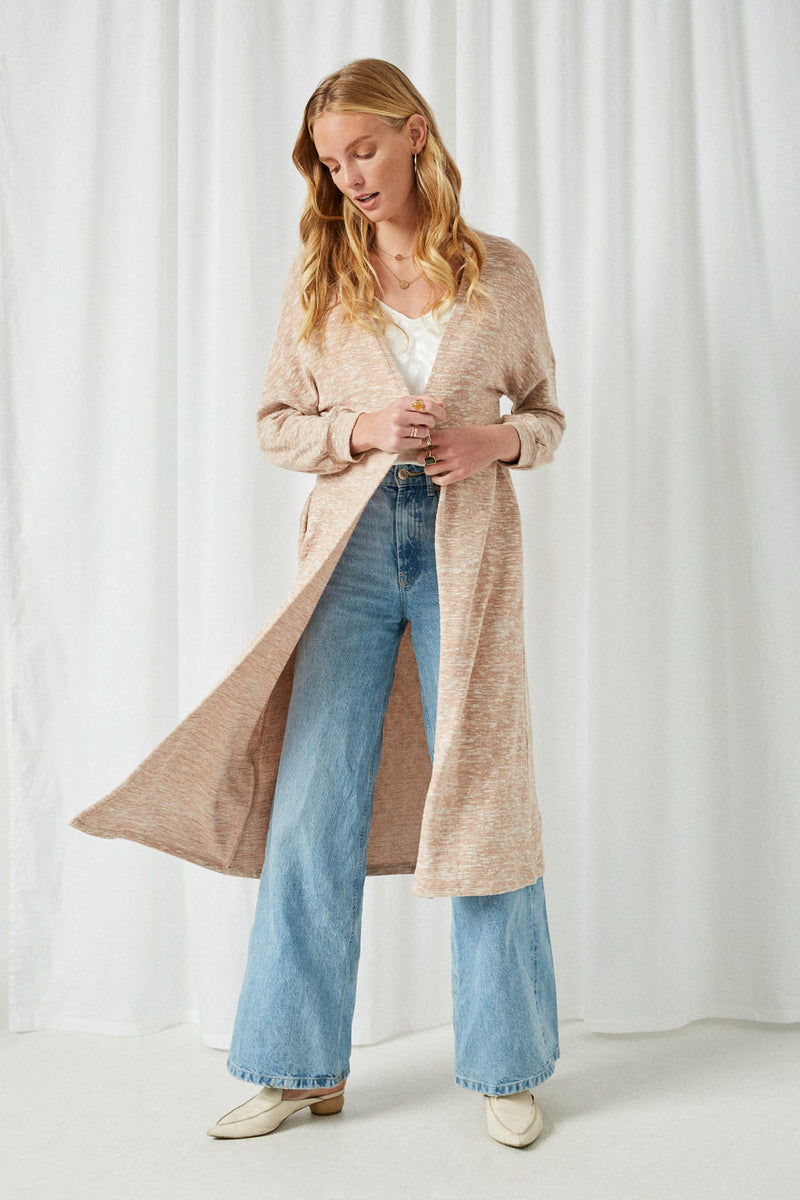 HJ3143 Oatmeal Womens Long Sleeve Side Pocket Marled Knit Duster Full Body