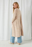 HJ3143 Oatmeal Womens Long Sleeve Side Pocket Marled Knit Duster Back