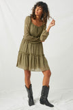 HJ3146 Olive Womens Tiered Ditsy Print Long Sleeve Dress Full Body