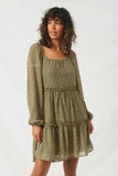 HJ3146 Olive Womens Tiered Ditsy Print Long Sleeve Dress Front