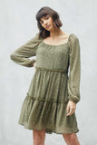 HJ3146 Olive Womens Tiered Ditsy Print Long Sleeve Dress Editorial