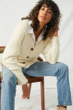 HJ3163 Cream Womens Fuzzy  Popcorn Sweater Knit Cardigan- Sitting Pose