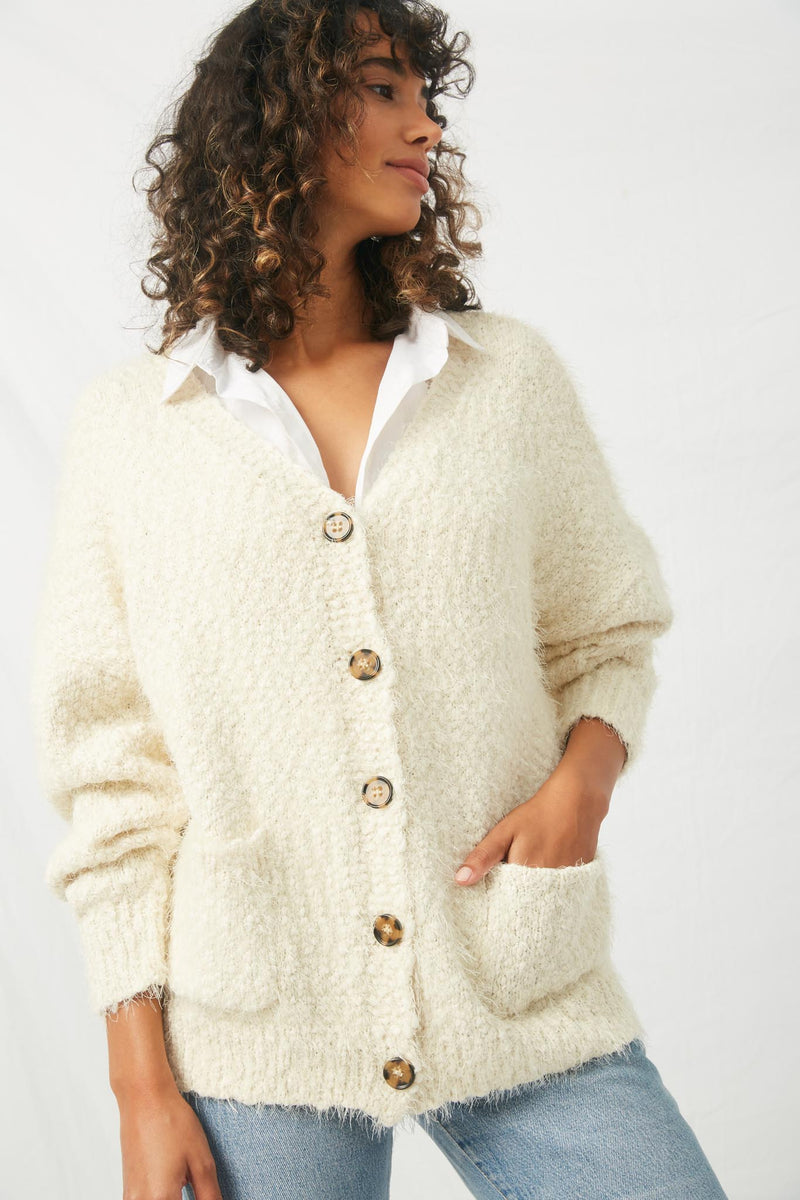 HJ3163 Cream Womens Fuzzy  Popcorn Sweater Knit Cardigan- Front