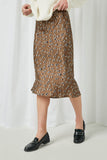 HJ3170 Brown Womens Satin Leopard Printed Midi Skirt Front