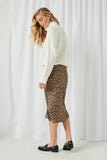 HJ3170 Brown Womens Satin Leopard Printed Midi Skirt Side