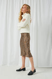 HJ3170 Brown Womens Satin Leopard Printed Midi Skirt Full Body