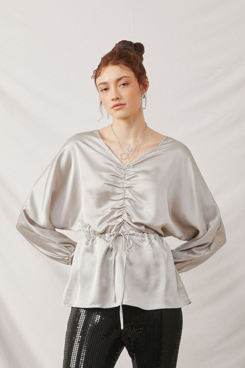 HJ3175 Silver Womens Satin Cinched Drawstring Dolman Front