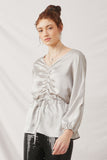 HJ3175 Silver Womens Satin Cinched Drawstring Dolman Front 2