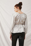 HJ3175 Silver Womens Satin Cinched Drawstring Dolman Back