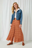 HJ3187 Rust Womens Pleated Botalical Print Wide Leg Pants Full Body