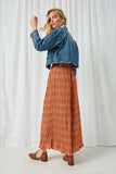 HJ3187 Rust Womens Pleated Botalical Print Wide Leg Pants Close Up