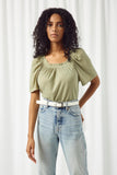 HJ3221 OLIVE Ruffled Wide Neck Ribbed Knit Top Front