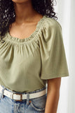 HJ3221 OLIVE Ruffled Wide Neck Ribbed Knit Top Detail