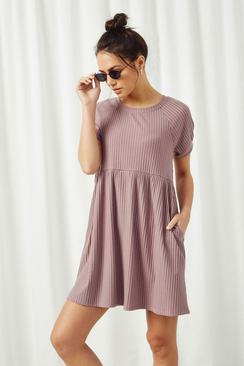 HJ3235 Purple Womens Short Sleeve Pocket Textured Rib Knit Tunic Dress Front