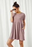 HJ3235 Purple Womens Short Sleeve Pocket Textured Rib Knit Tunic Dress Front