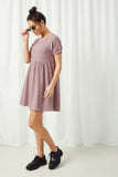 HJ3235 Purple Womens Short Sleeve Pocket Textured Rib Knit Tunic Dress Side