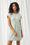 HJ3270 SAGE Womens Ribbed Rolled Sleeve Pocket Mini Shift Dress Front