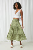 HJ3287 Olive Womens Ditsy Floral Tiered Midi Skirt Full Body