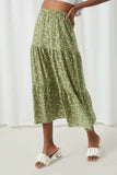 HJ3287 Olive Womens Ditsy Floral Tiered Midi Skirt Close Up
