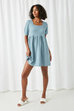 HJ3324 Light Blue Womens Textured Rib Square Neck Knit Tunic Dress Full Body